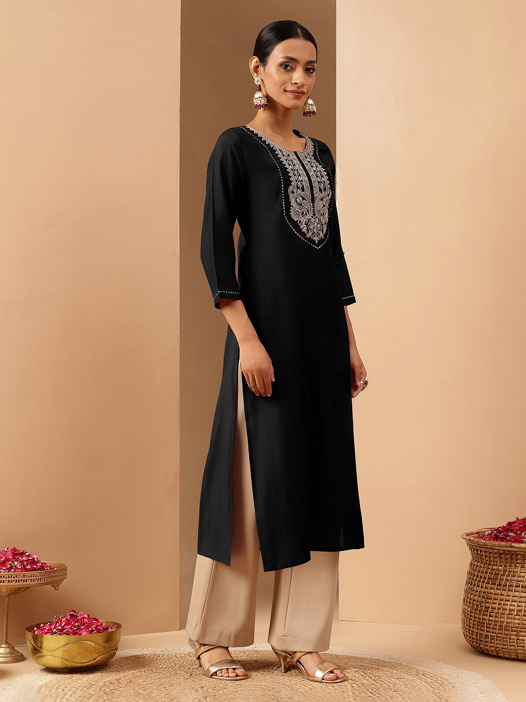 Ninnique Women's Black Chanderi Silk Yoke Embroidered Straight Kurta