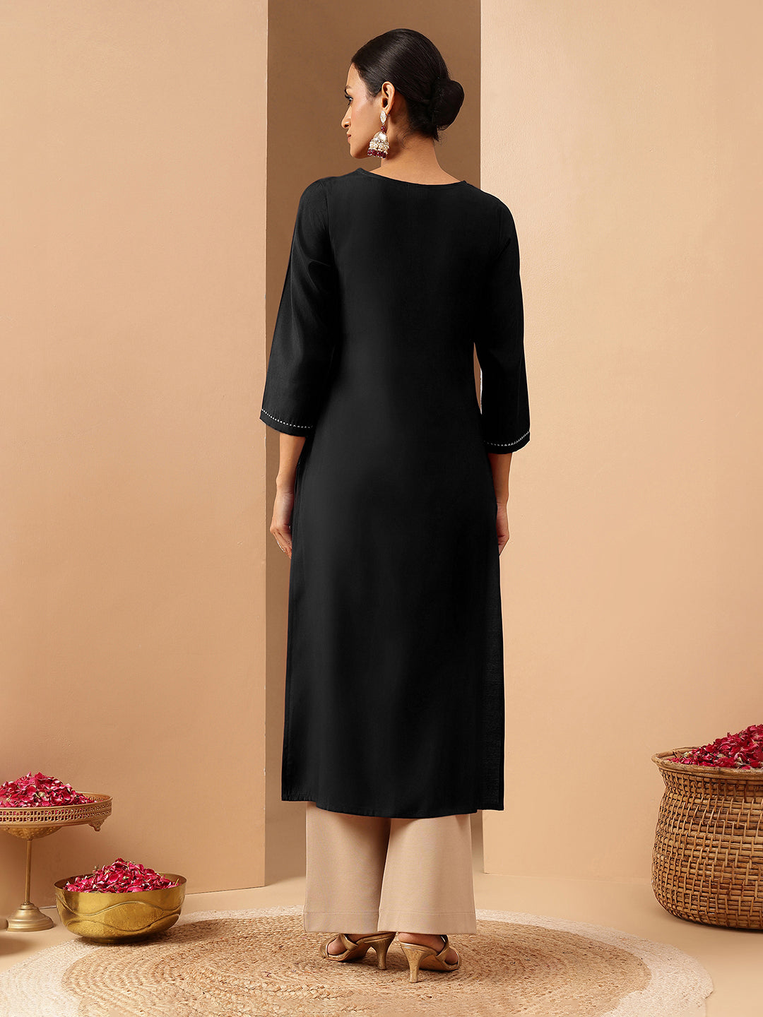 Ninnique Women's Black Chanderi Silk Yoke Embroidered Straight Kurta
