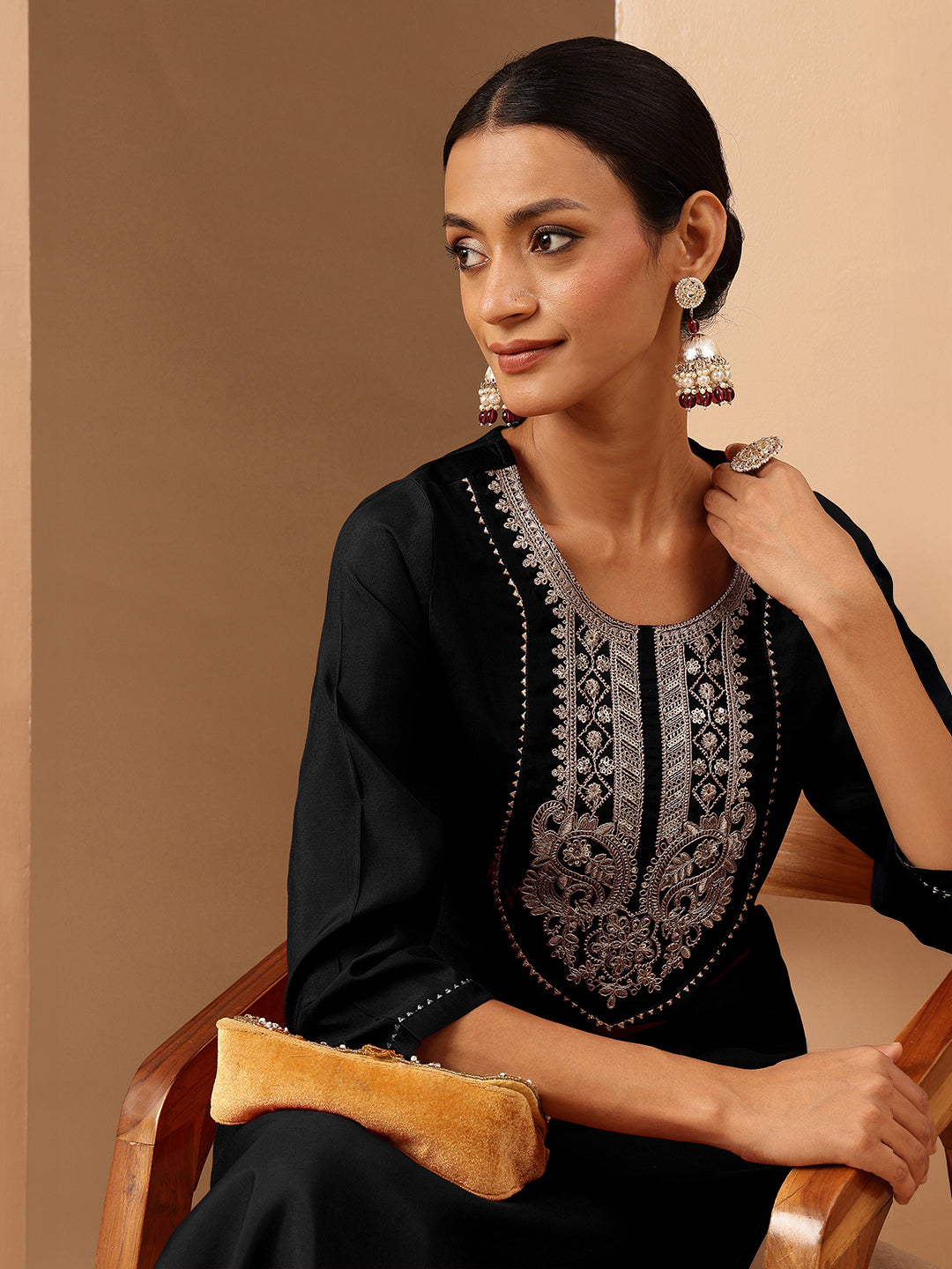 Ninnique Women's Black Chanderi Silk Yoke Embroidered Straight Kurta