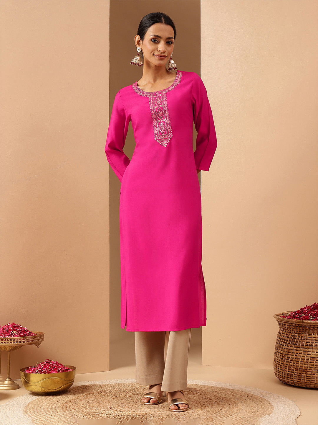 Ninnique Women's Pink Chanderi Silk Yoke Embroidery Straight Kurta