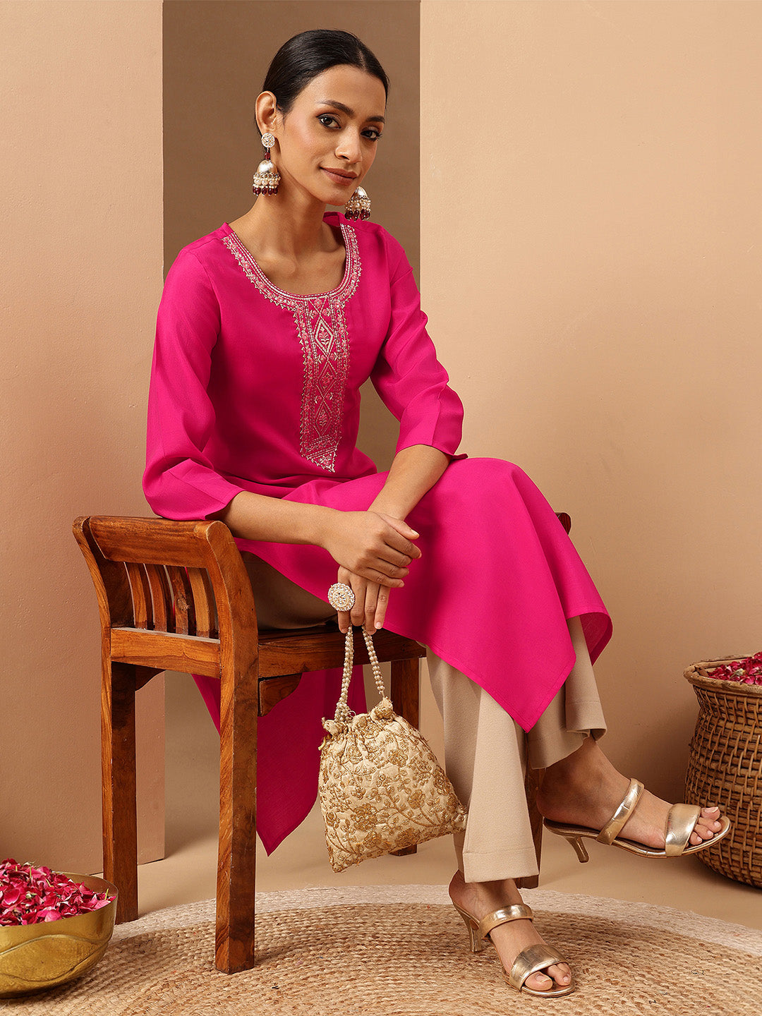 Ninnique Women's Pink Chanderi Silk Yoke Embroidery Straight Kurta