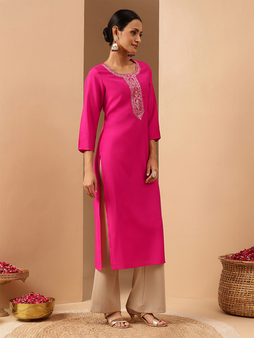 Ninnique Women's Pink Chanderi Silk Yoke Embroidery Straight Kurta