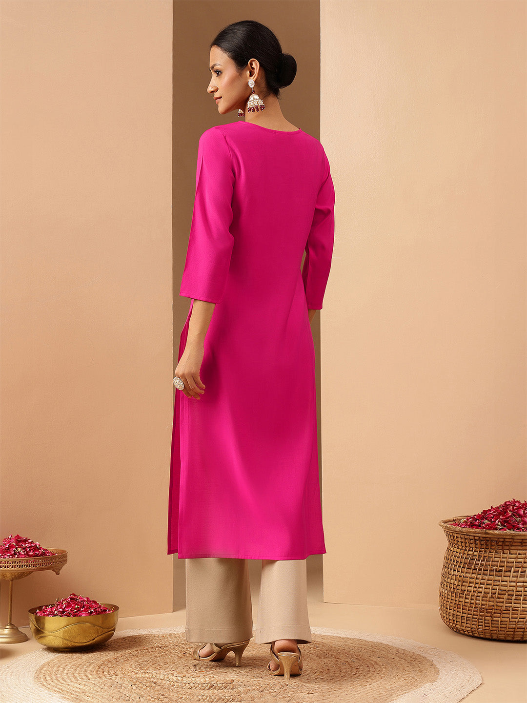 Ninnique Women's Pink Chanderi Silk Yoke Embroidery Straight Kurta