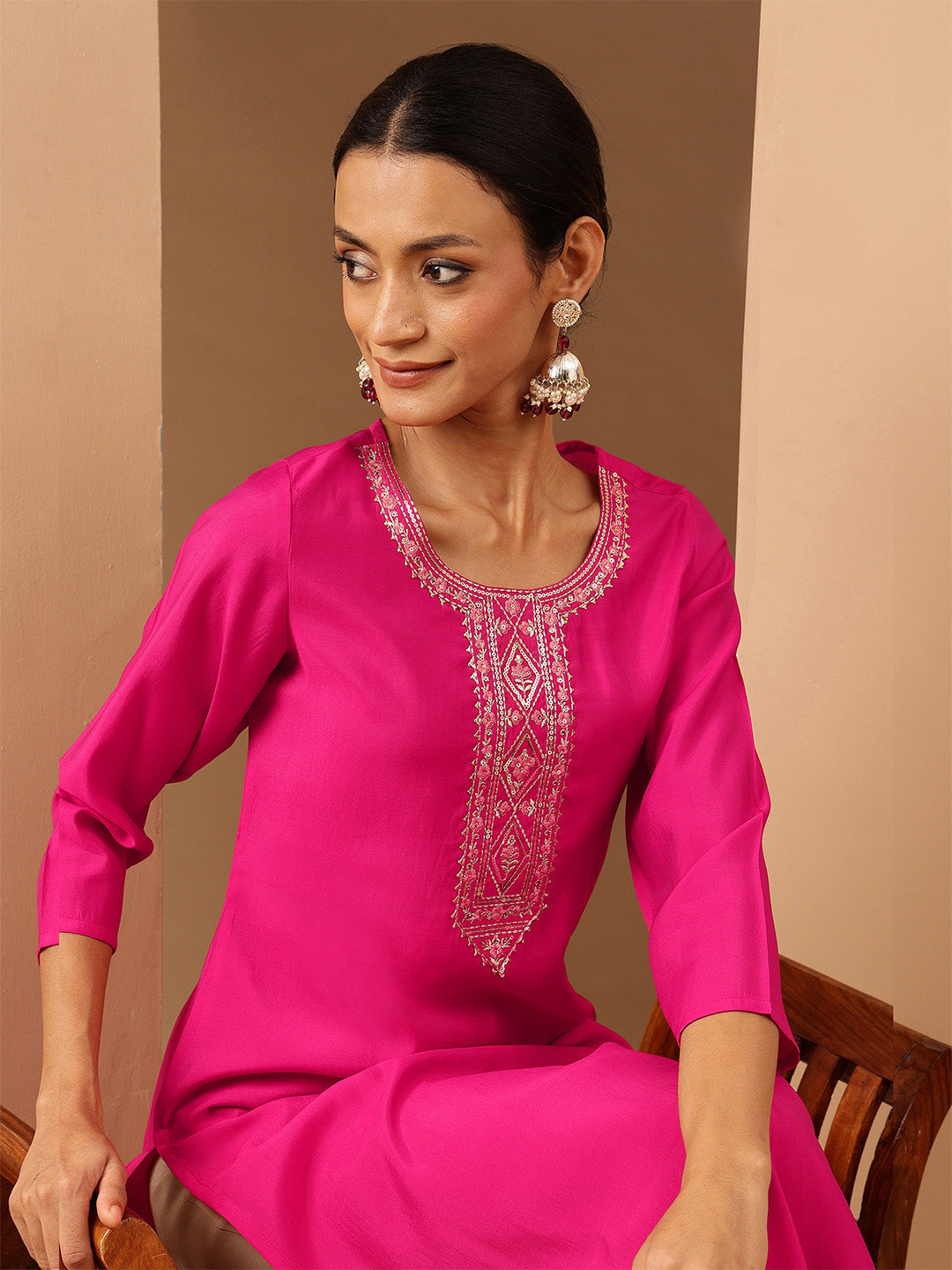Ninnique Women's Pink Chanderi Silk Yoke Embroidery Straight Kurta