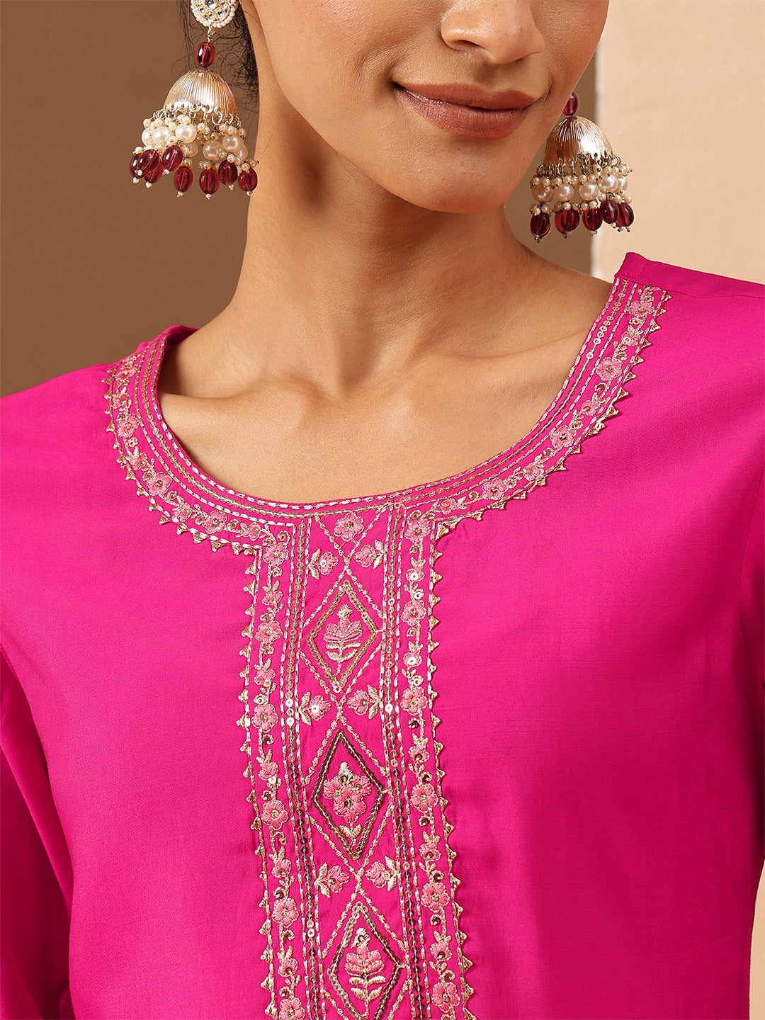 Ninnique Women's Pink Chanderi Silk Yoke Embroidery Straight Kurta