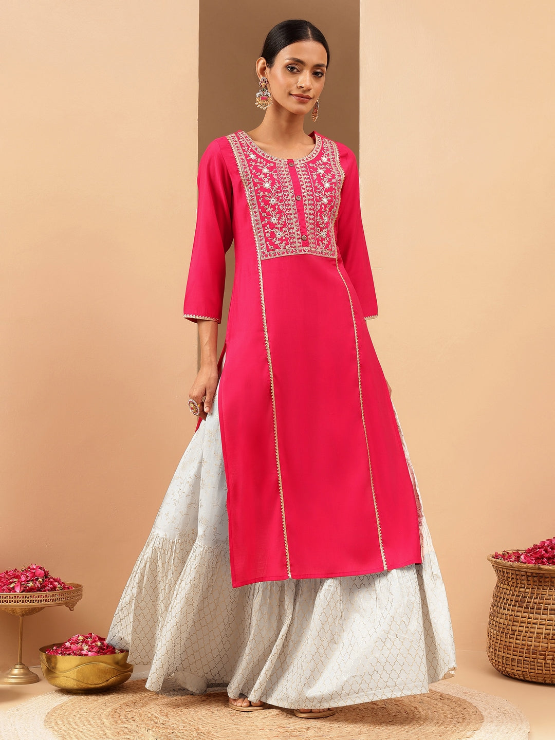 Ninnique Women's Pink Chanderi Silk Zari Yoke Embroidered Straight Kurta