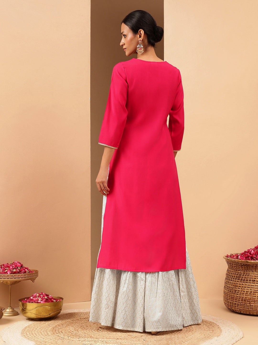 Ninnique Women's Pink Chanderi Silk Zari Yoke Embroidered Straight Kurta