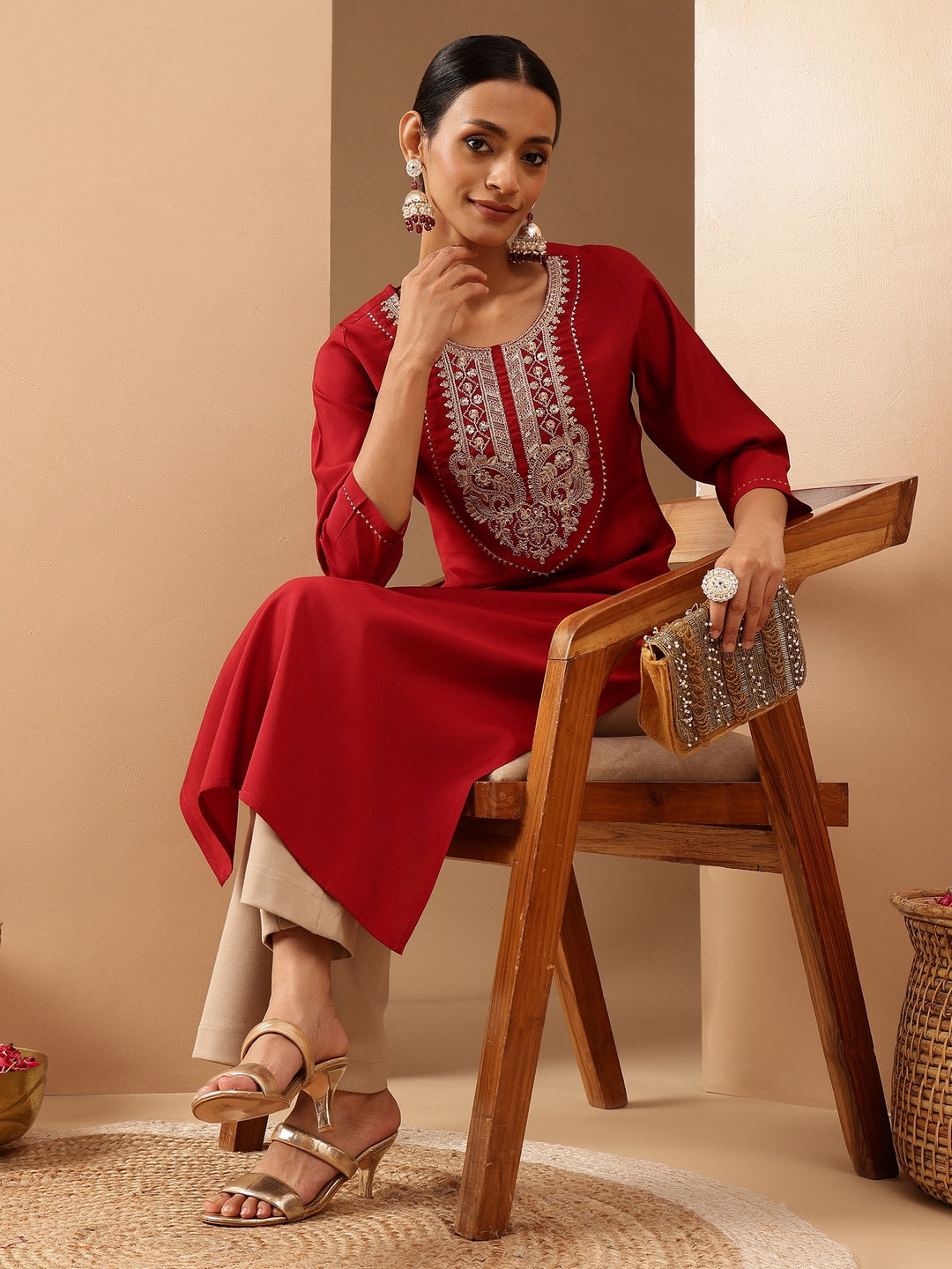 Ninnique Women's Maroon Chanderi Silk Yoke Embroidered Straight Kurta.