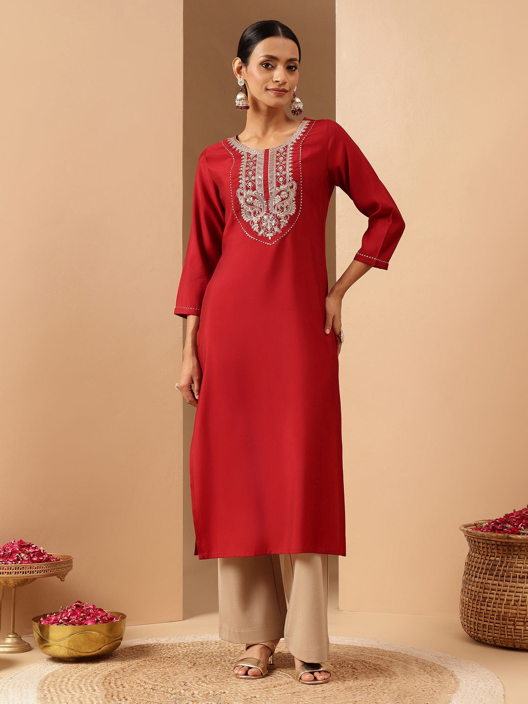 Ninnique Women's Maroon Chanderi Silk Yoke Embroidered Straight Kurta.