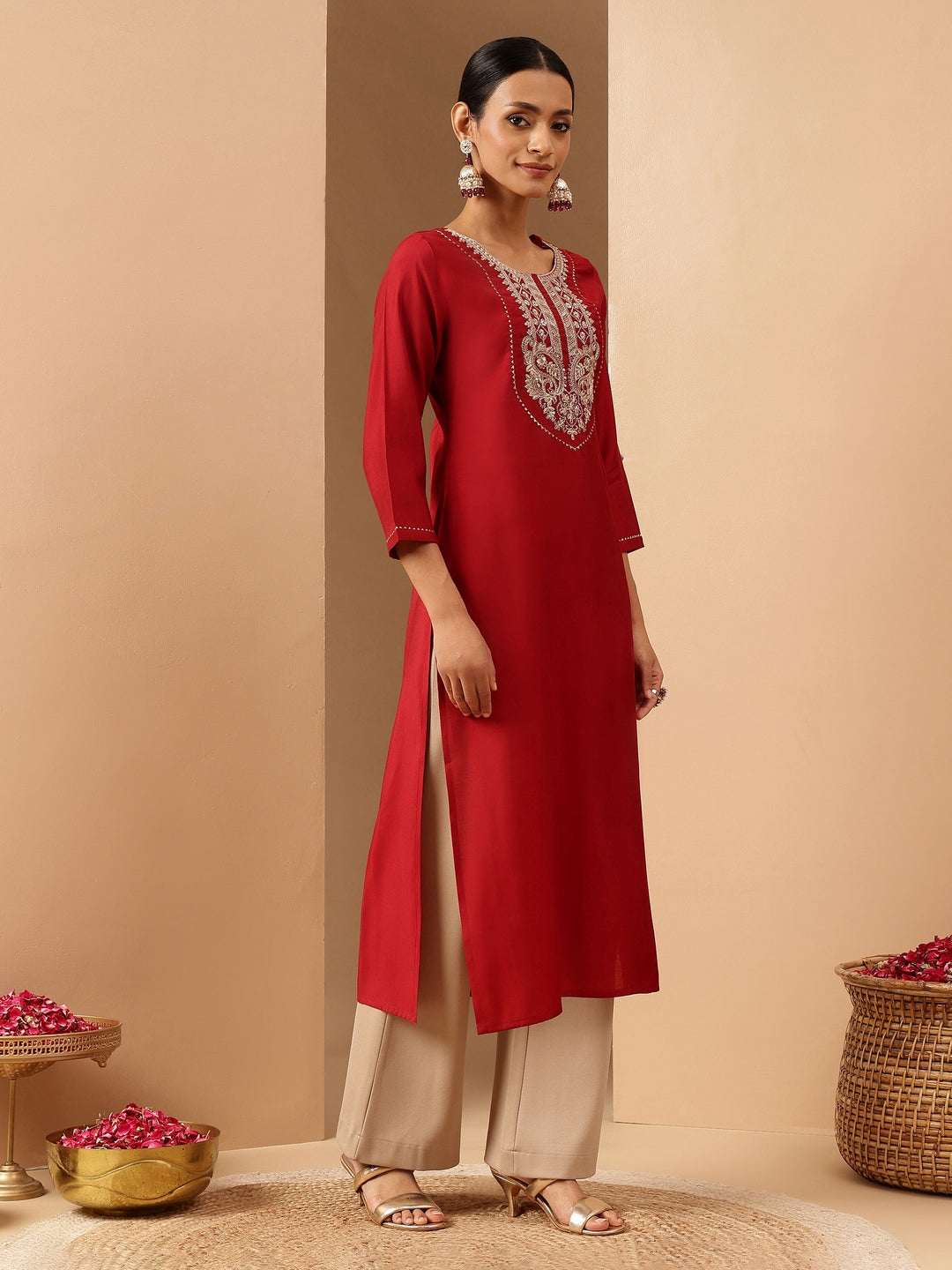 Ninnique Women's Maroon Chanderi Silk Yoke Embroidered Straight Kurta.