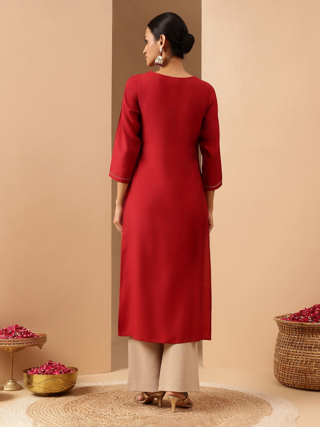 Ninnique Women's Maroon Chanderi Silk Yoke Embroidered Straight Kurta.