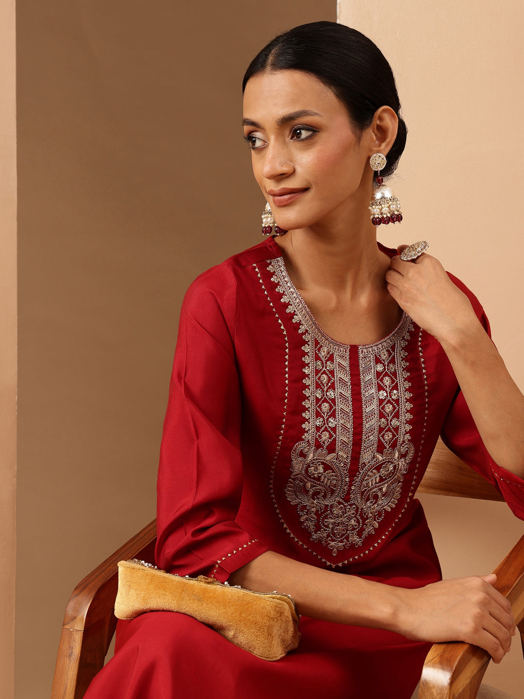 Ninnique Women's Maroon Chanderi Silk Yoke Embroidered Straight Kurta.