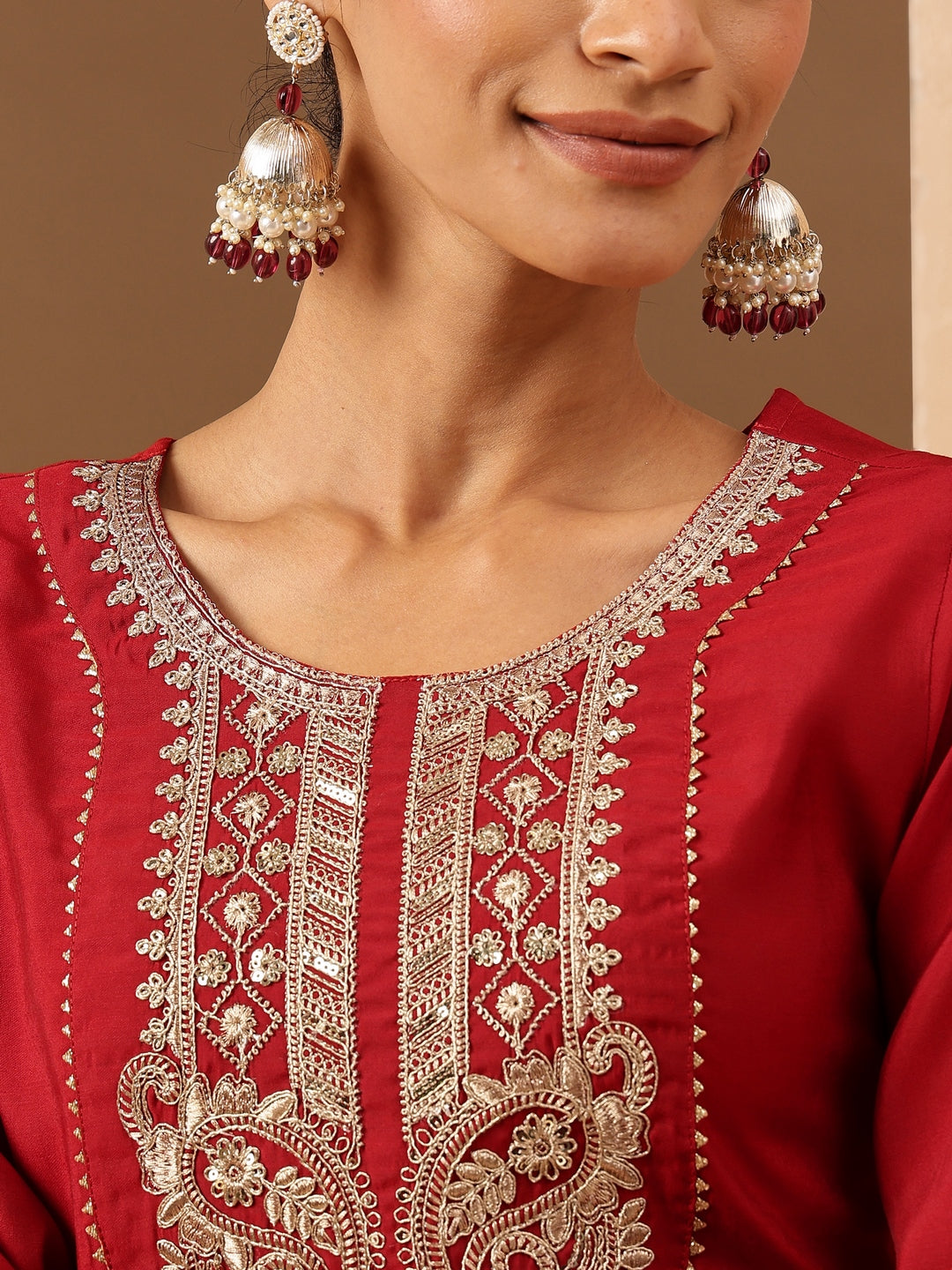 Ninnique Women's Maroon Chanderi Silk Yoke Embroidered Straight Kurta.
