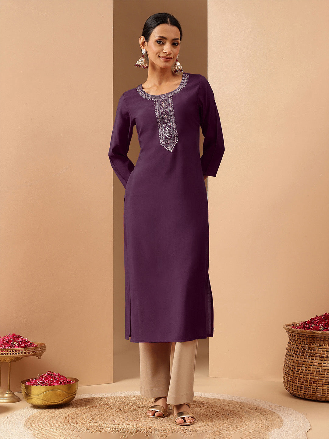Ninnique Women's Wine Chanderi Silk Zari Yoke Embroidered Straight Kurta