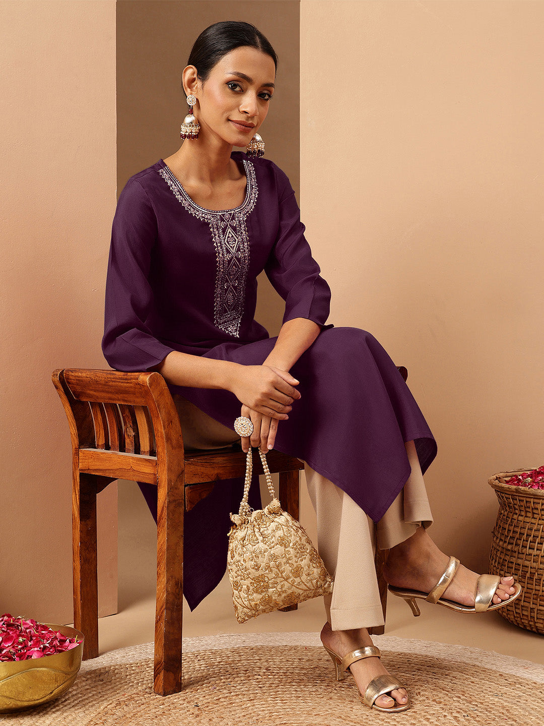 Ninnique Women's Wine Chanderi Silk Zari Yoke Embroidered Straight Kurta