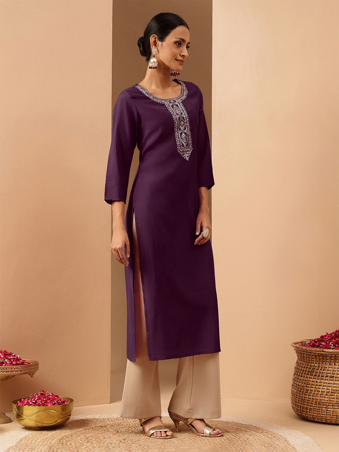 Ninnique Women's Wine Chanderi Silk Zari Yoke Embroidered Straight Kurta