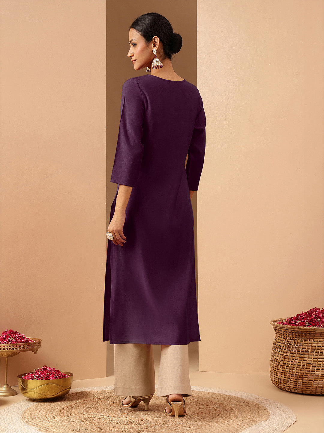 Ninnique Women's Wine Chanderi Silk Zari Yoke Embroidered Straight Kurta