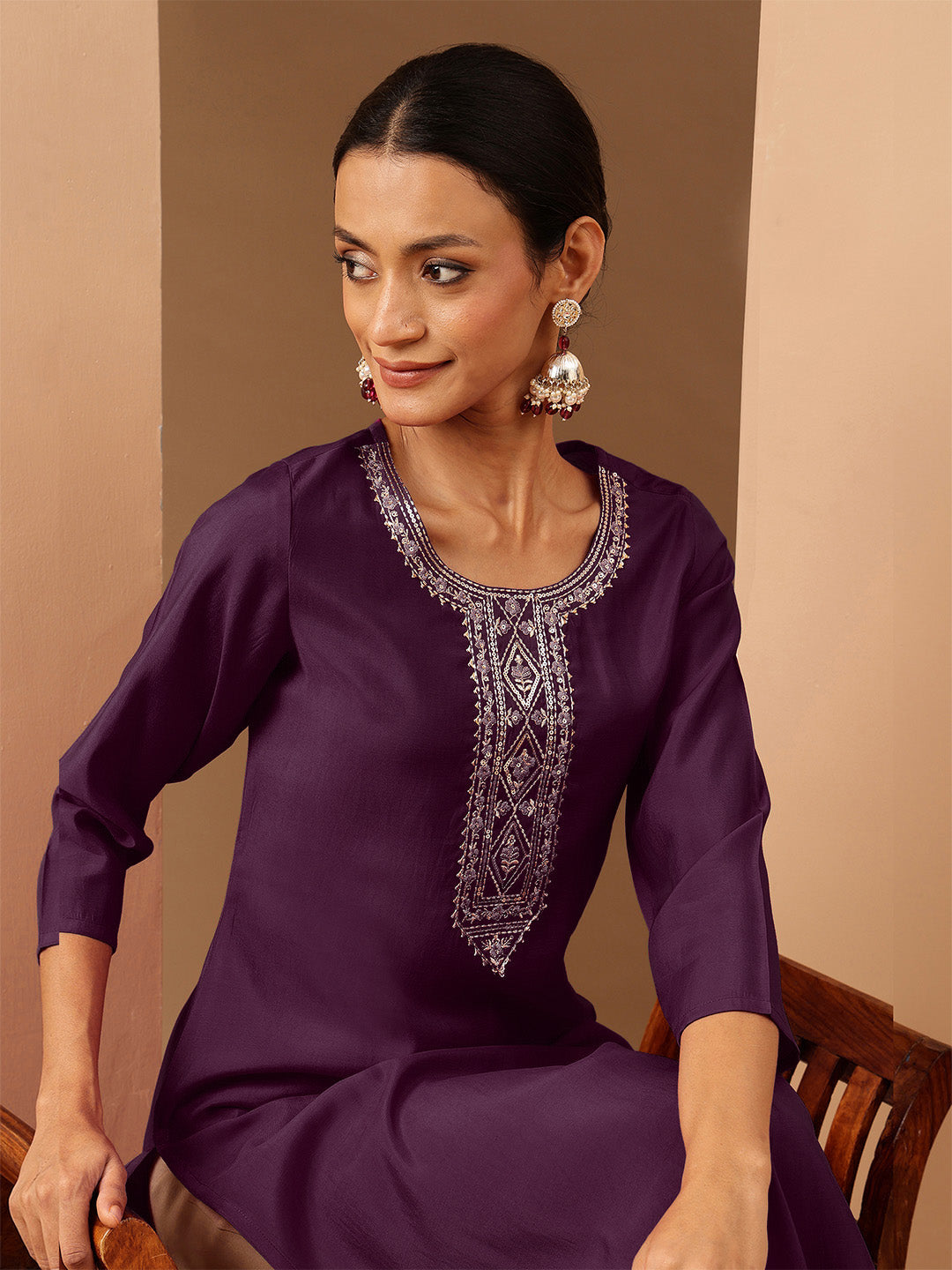 Ninnique Women's Wine Chanderi Silk Zari Yoke Embroidered Straight Kurta
