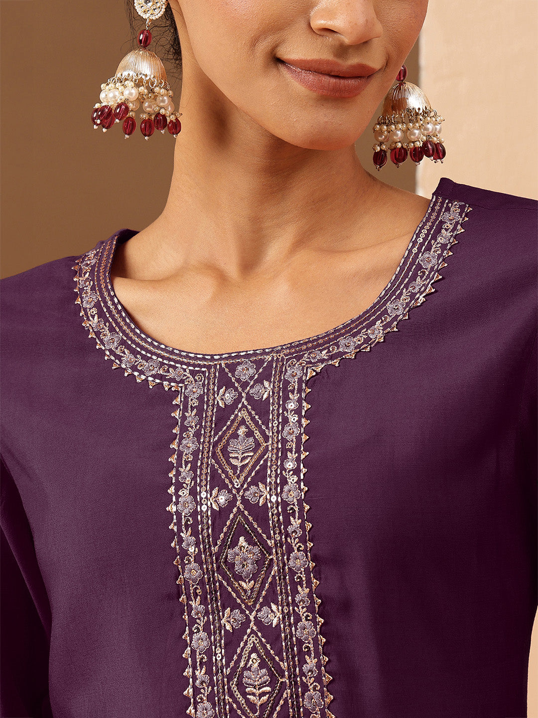 Ninnique Women's Wine Chanderi Silk Zari Yoke Embroidered Straight Kurta