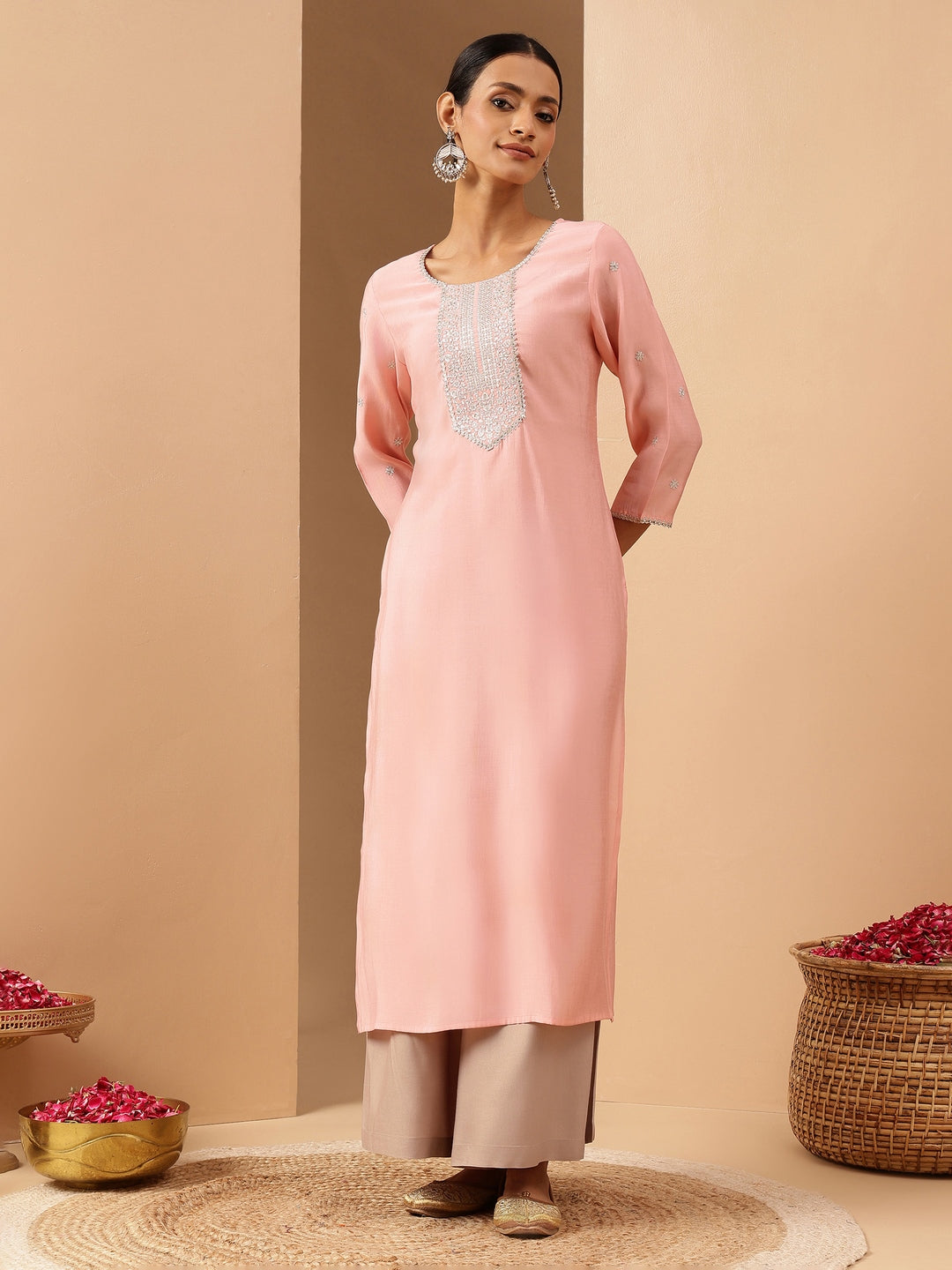 Ninnique Women's Soft Pink Chanderi Silk Zari Embroidered Straight Kurta