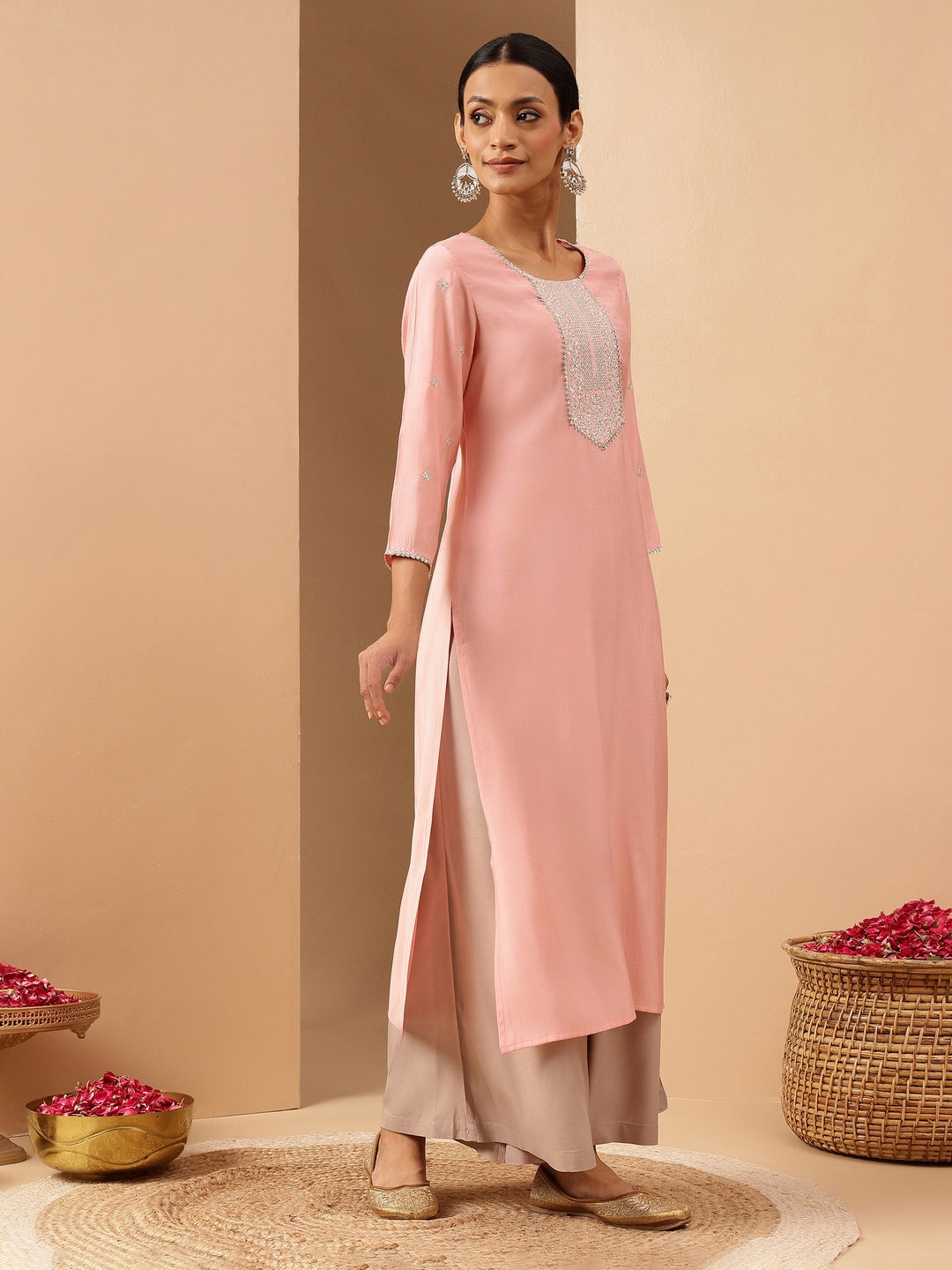 Ninnique Women's Soft Pink Chanderi Silk Zari Embroidered Straight Kurta
