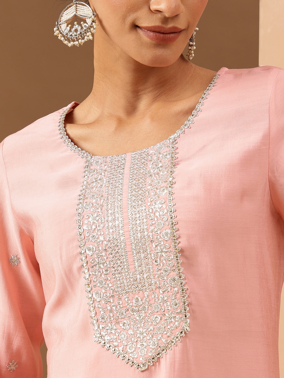 Ninnique Women's Soft Pink Chanderi Silk Zari Embroidered Straight Kurta