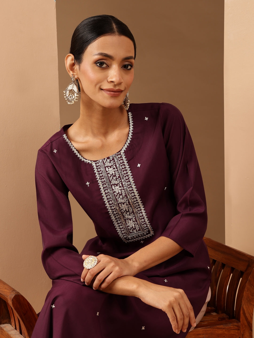 Ninnique Women's Wine Chanderi Silk Embroidered Straight Kurta