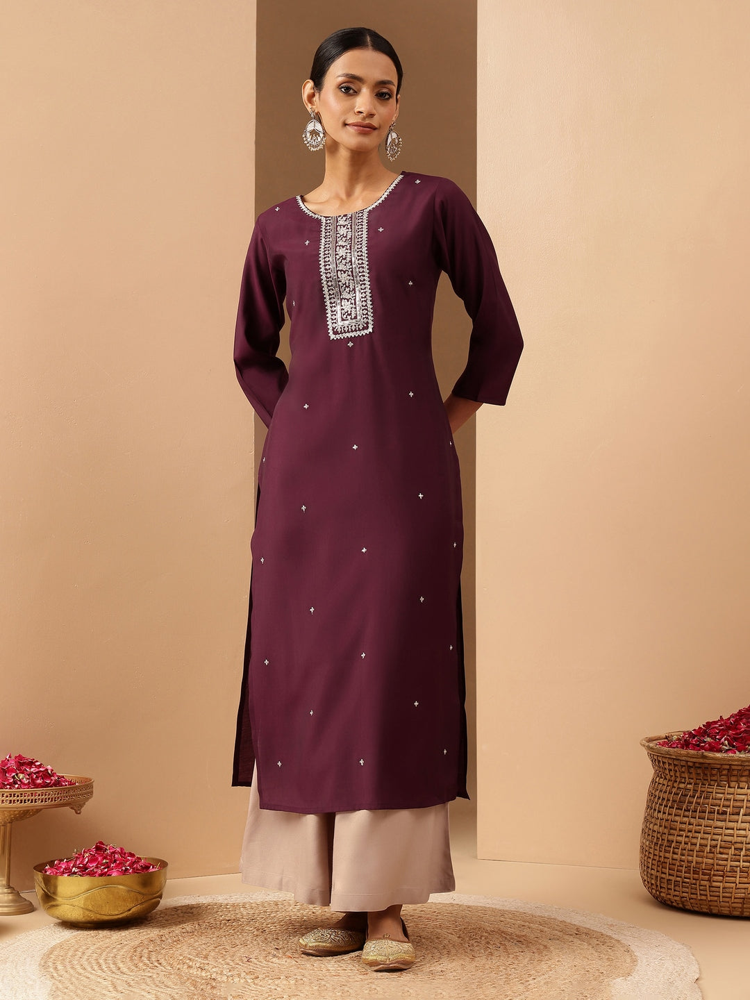 Ninnique Women's Wine Chanderi Silk Embroidered Straight Kurta