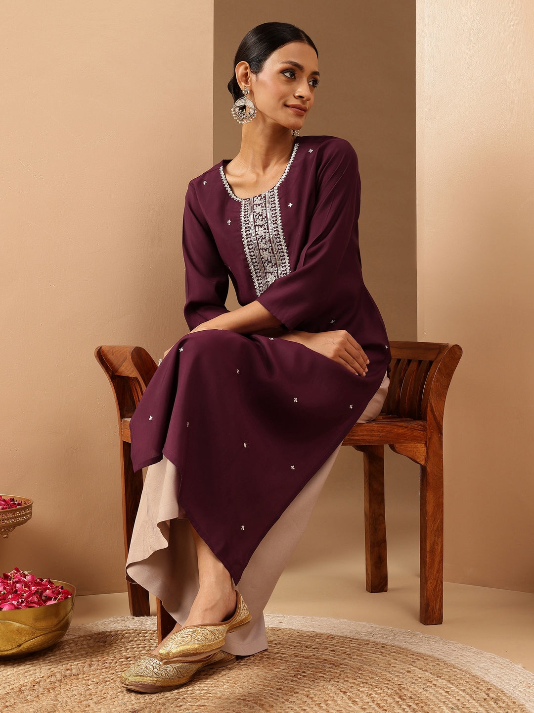 Ninnique Women's Wine Chanderi Silk Embroidered Straight Kurta