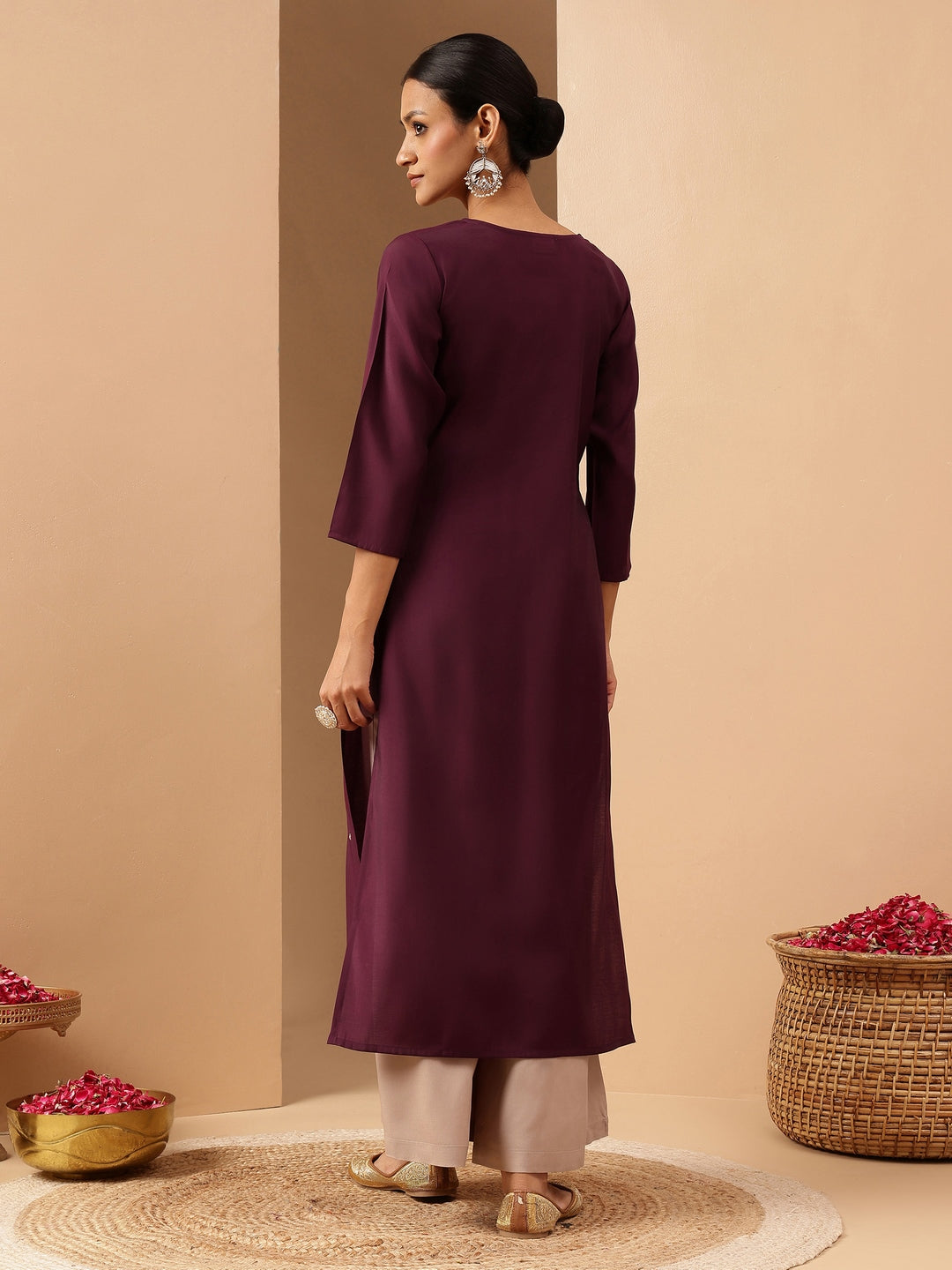 Ninnique Women's Wine Chanderi Silk Embroidered Straight Kurta