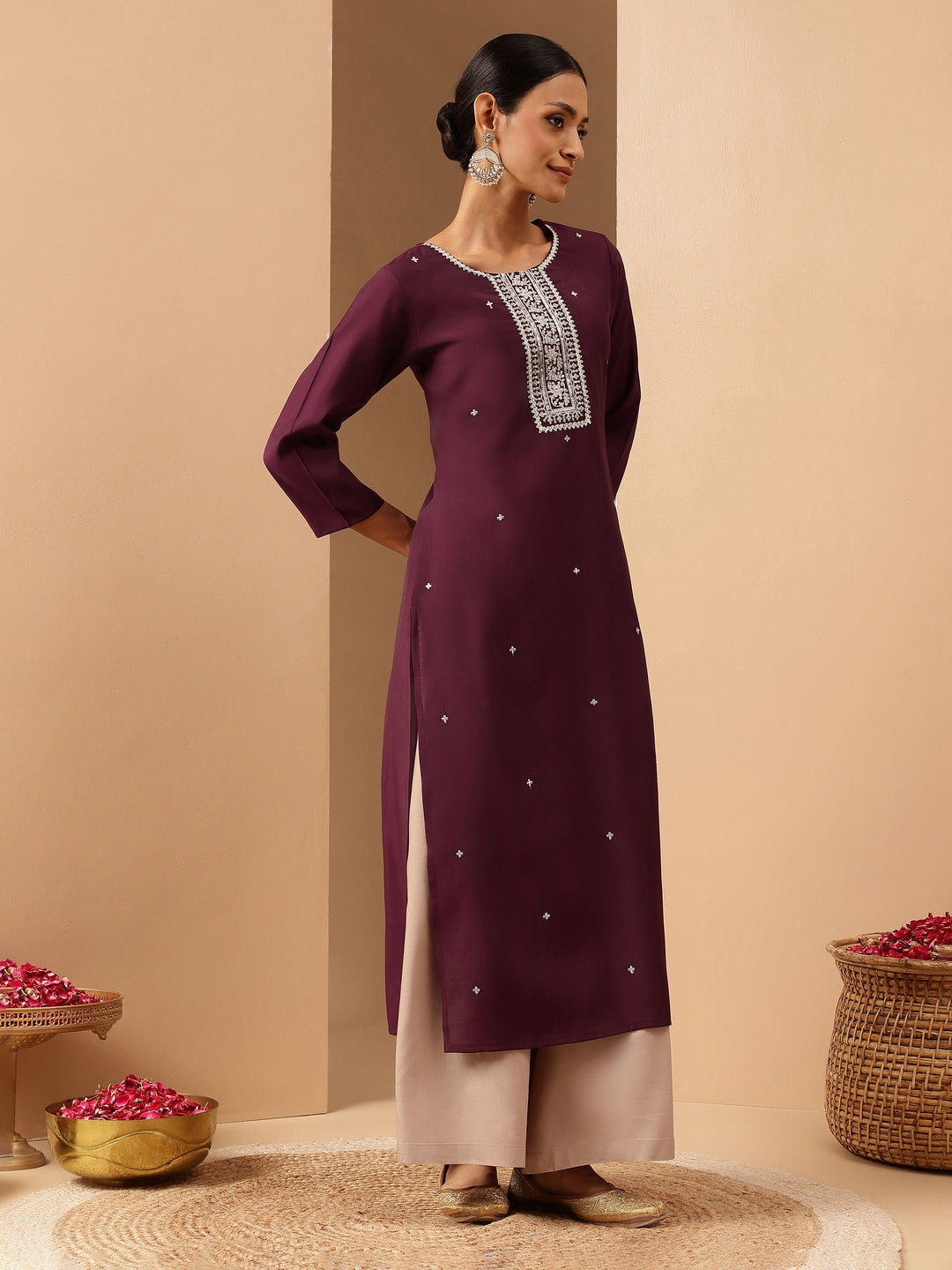 Ninnique Women's Wine Chanderi Silk Embroidered Straight Kurta