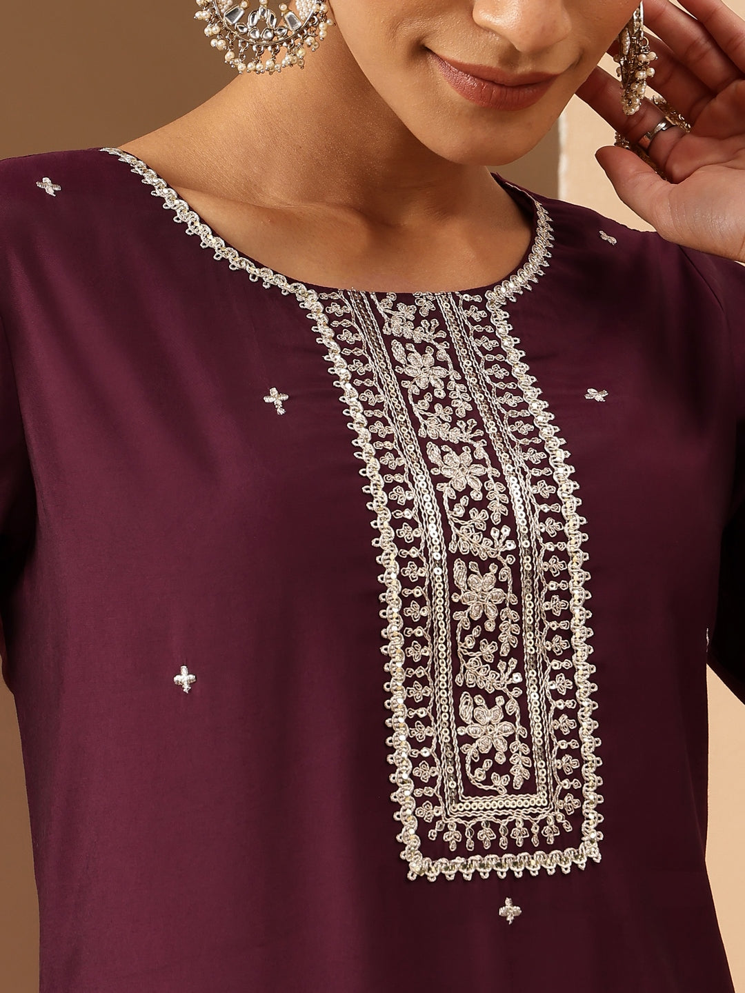 Ninnique Women's Wine Chanderi Silk Embroidered Straight Kurta