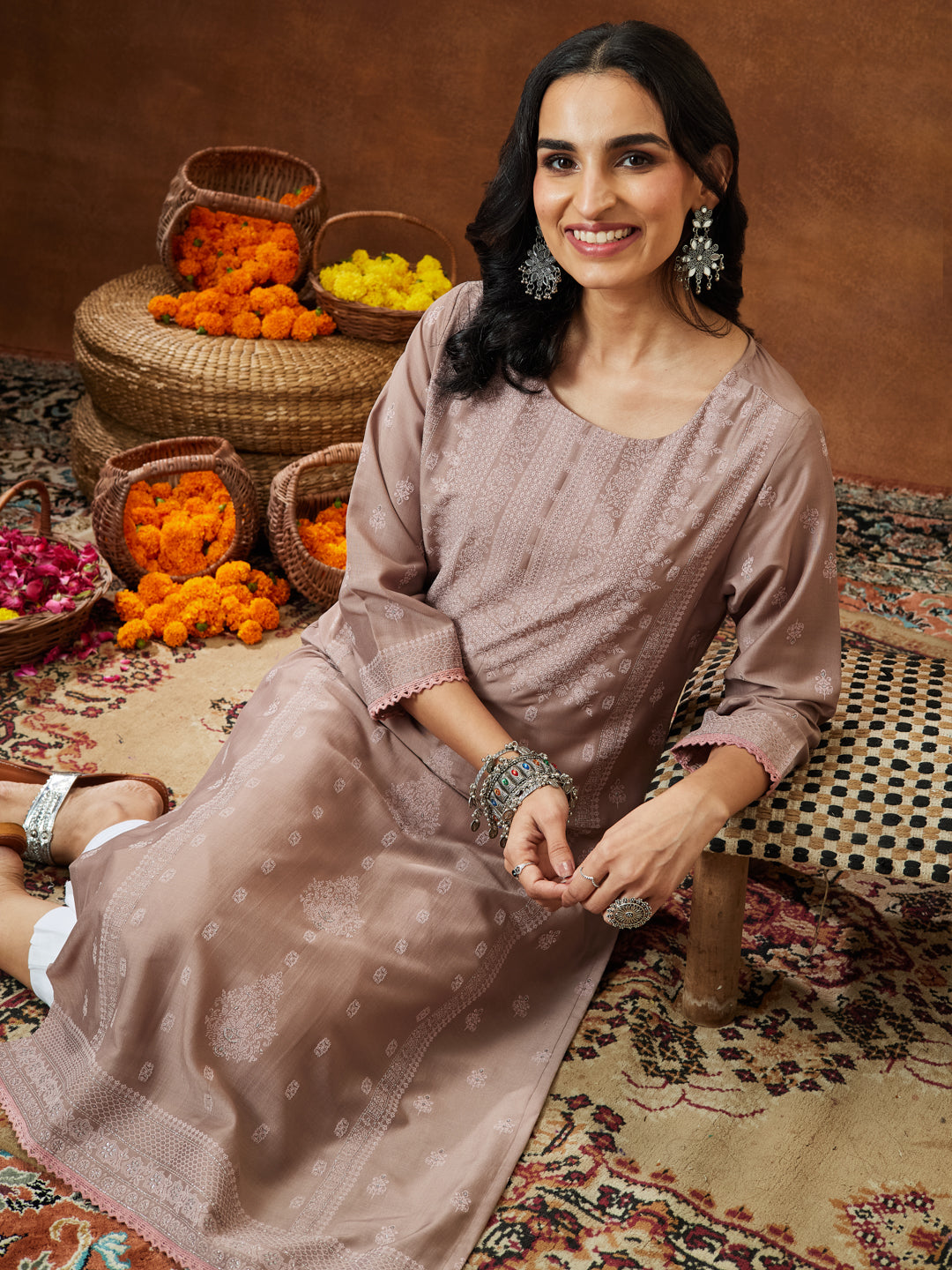 Ninnique Women's Brown Silk Blend Ethnic Printed Straight Kurta Set