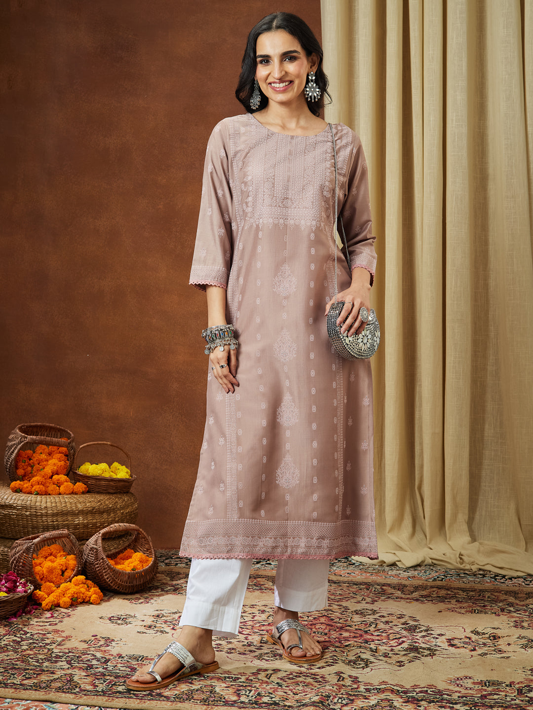 Ninnique Women's Brown Silk Blend Ethnic Printed Straight Kurta Set