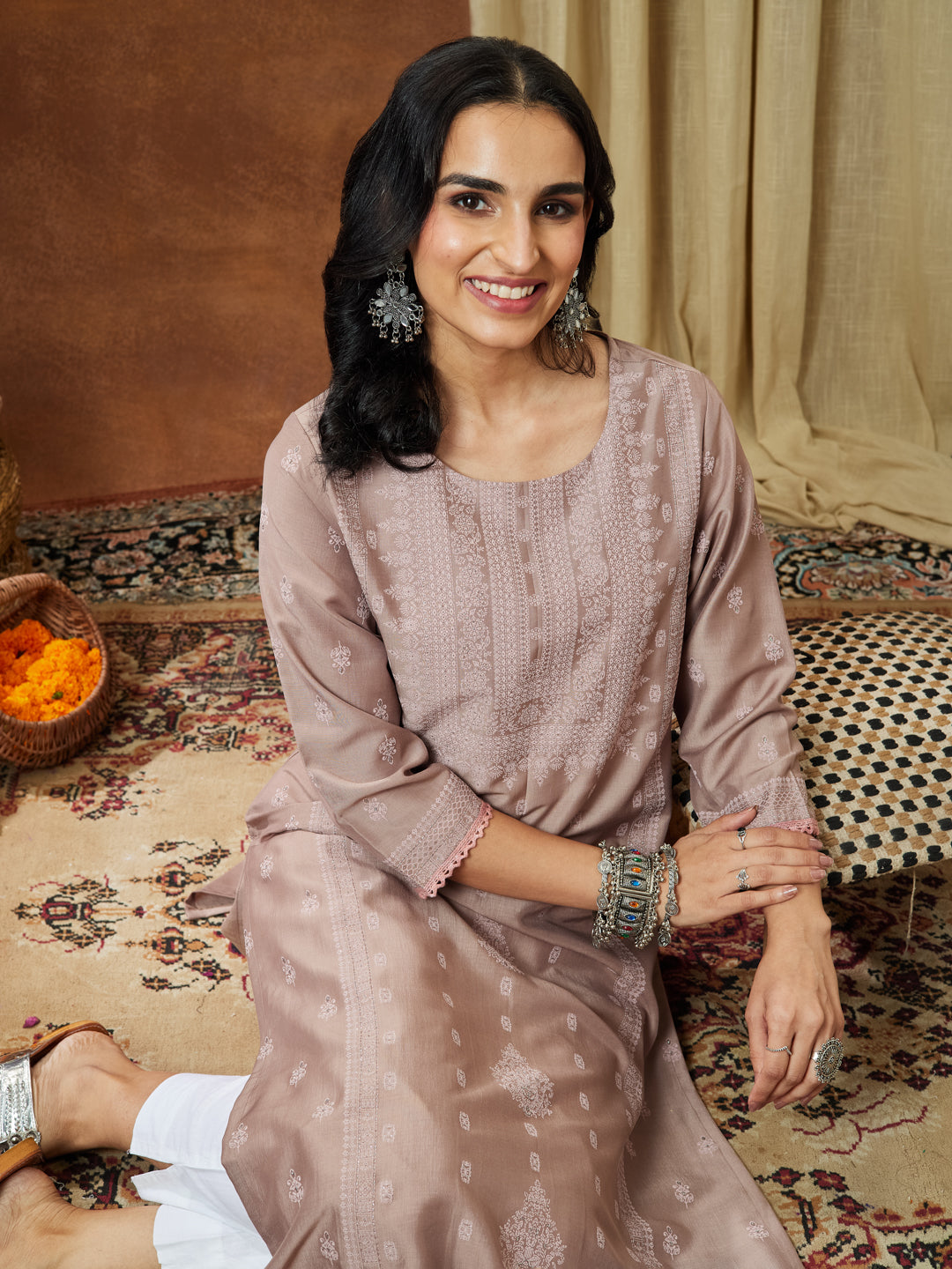 Ninnique Women's Brown Silk Blend Ethnic Printed Straight Kurta Set