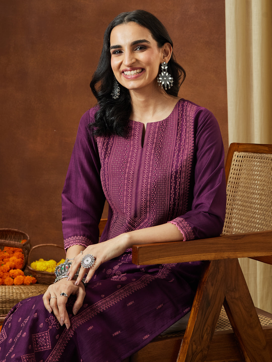 Ninnique Women's Wine Silk Blend Ethnic Printed Straight Kurta