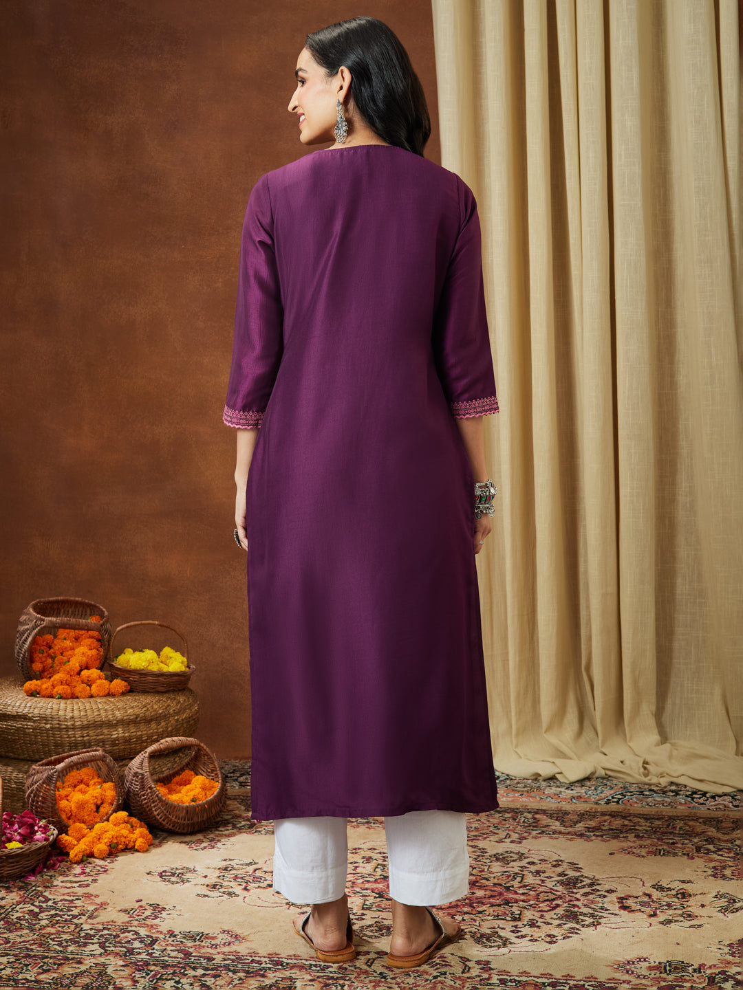 Ninnique Women's Wine Silk Blend Ethnic Printed Straight Kurta