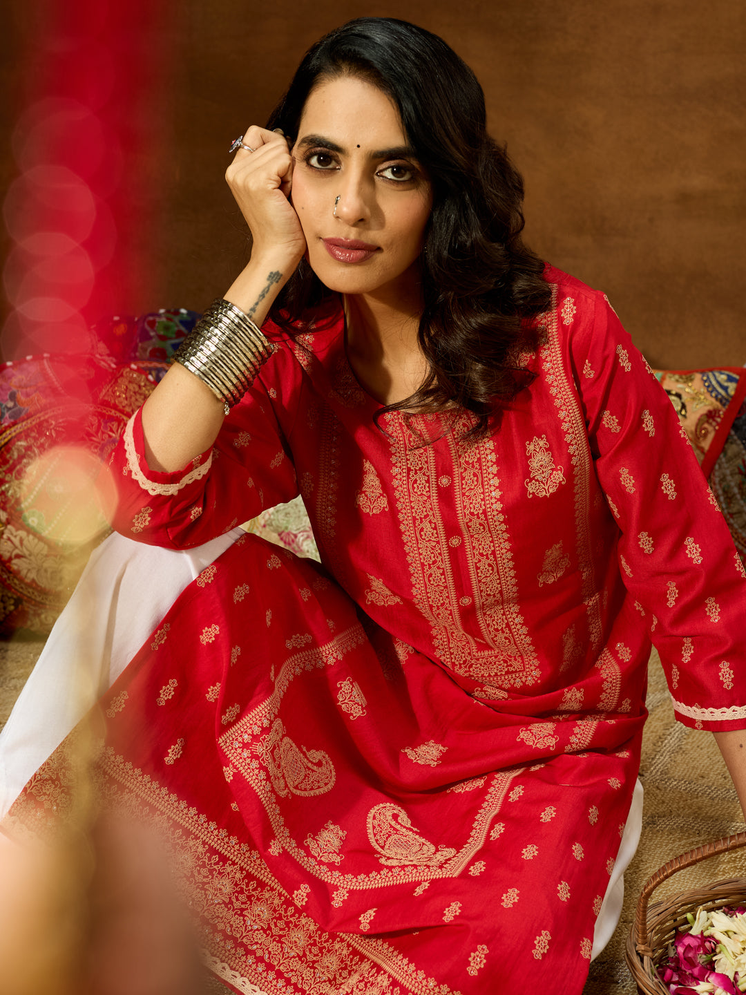 Ninnique Women's Red Silk Blend Ethnic Printed Straight Kurta