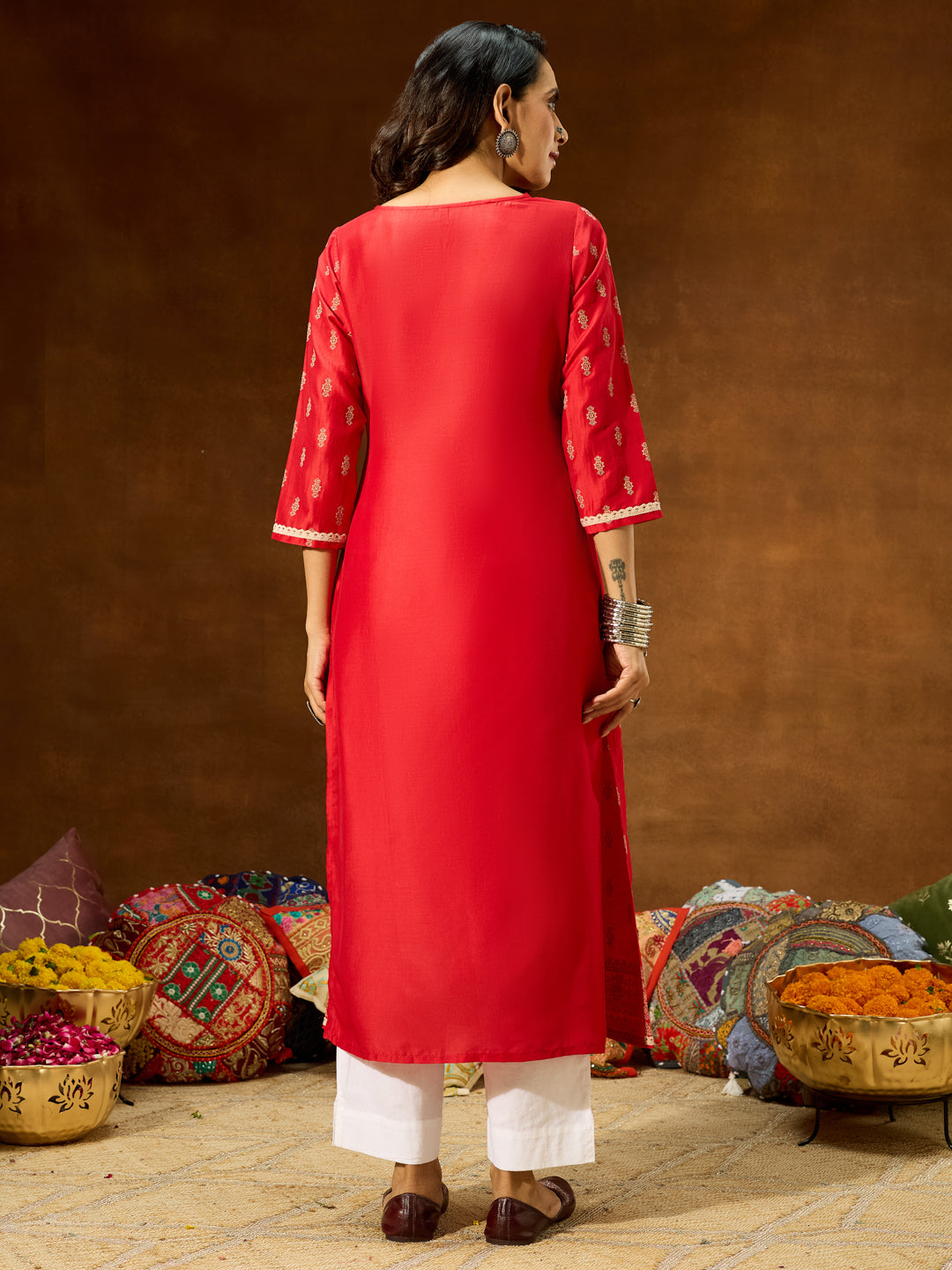 Ninnique Women's Red Silk Blend Ethnic Printed Straight Kurta