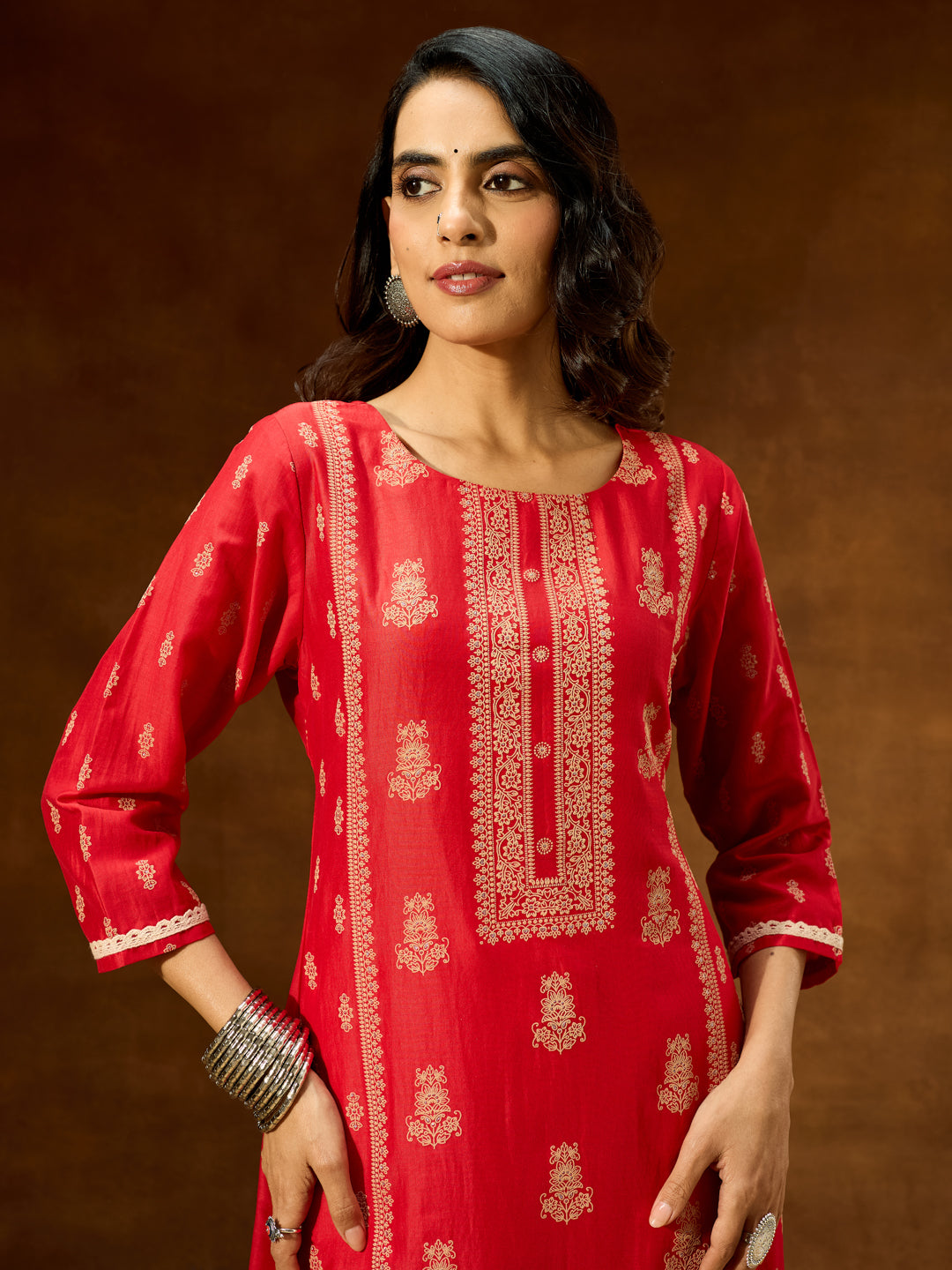 Ninnique Women's Red Silk Blend Ethnic Printed Straight Kurta