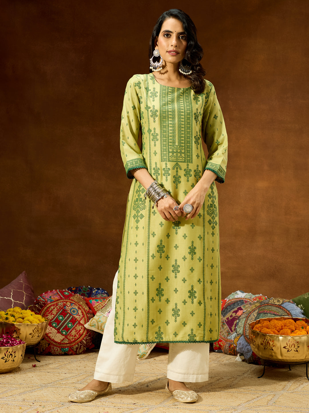Ninnique Women's Lime Green Silk Blend Ethnic Printed Straight Kurta