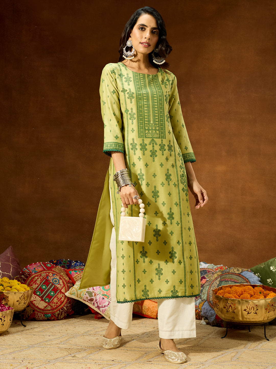 Ninnique Women's Lime Green Silk Blend Ethnic Printed Straight Kurta