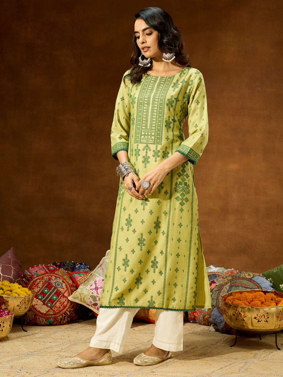 Ninnique Women's Lime Green Silk Blend Ethnic Printed Straight Kurta