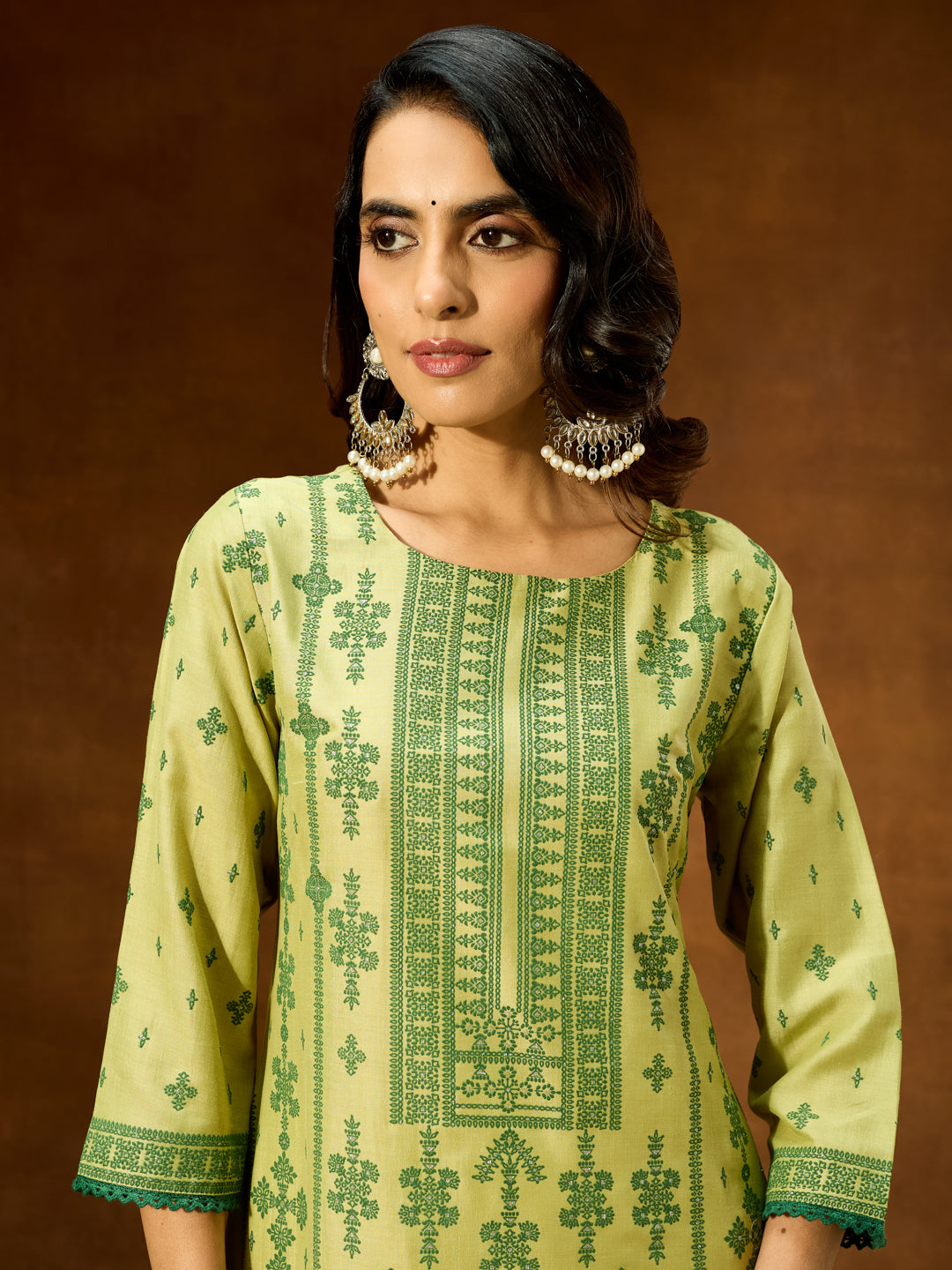 Ninnique Women's Lime Green Silk Blend Ethnic Printed Straight Kurta