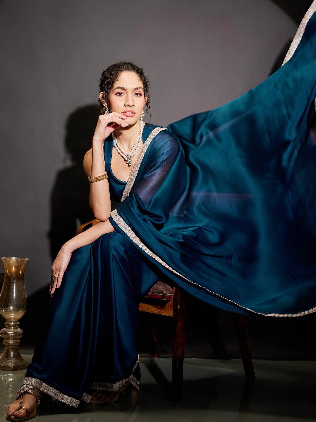Ninnique Women's Teal Blue Silk Blend Ready To Wear Embellished Saree with Unstitched Blouse