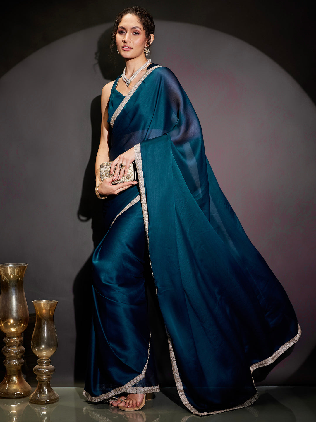 Ninnique Women's Teal Blue Silk Blend Ready To Wear Embellished Saree with Unstitched Blouse