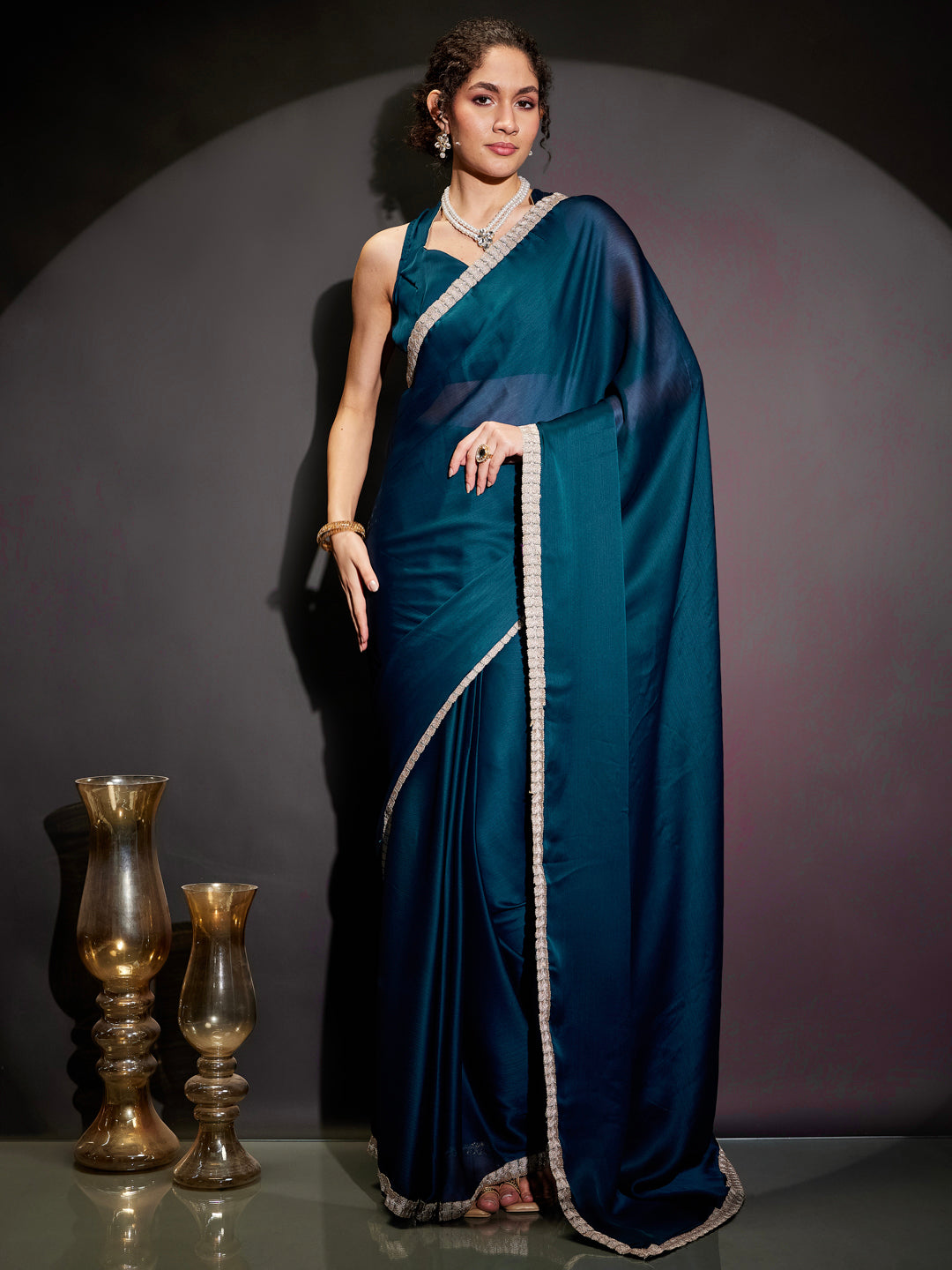 Ninnique Women's Teal Blue Silk Blend Ready To Wear Embellished Saree with Unstitched Blouse
