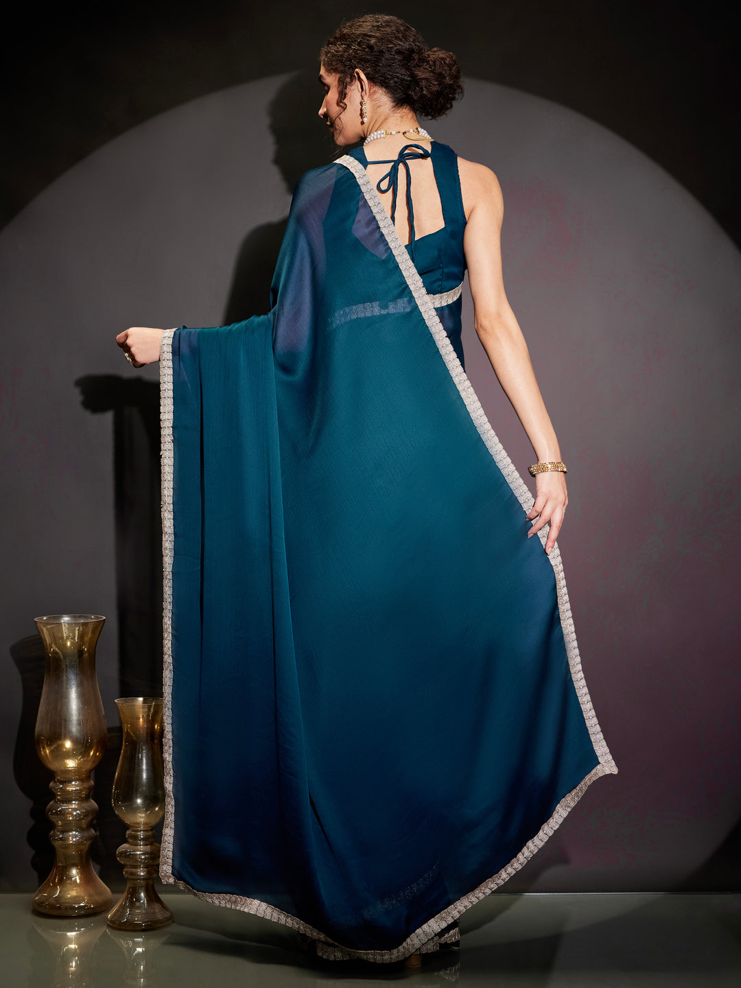 Ninnique Women's Teal Blue Silk Blend Ready To Wear Embellished Saree with Unstitched Blouse