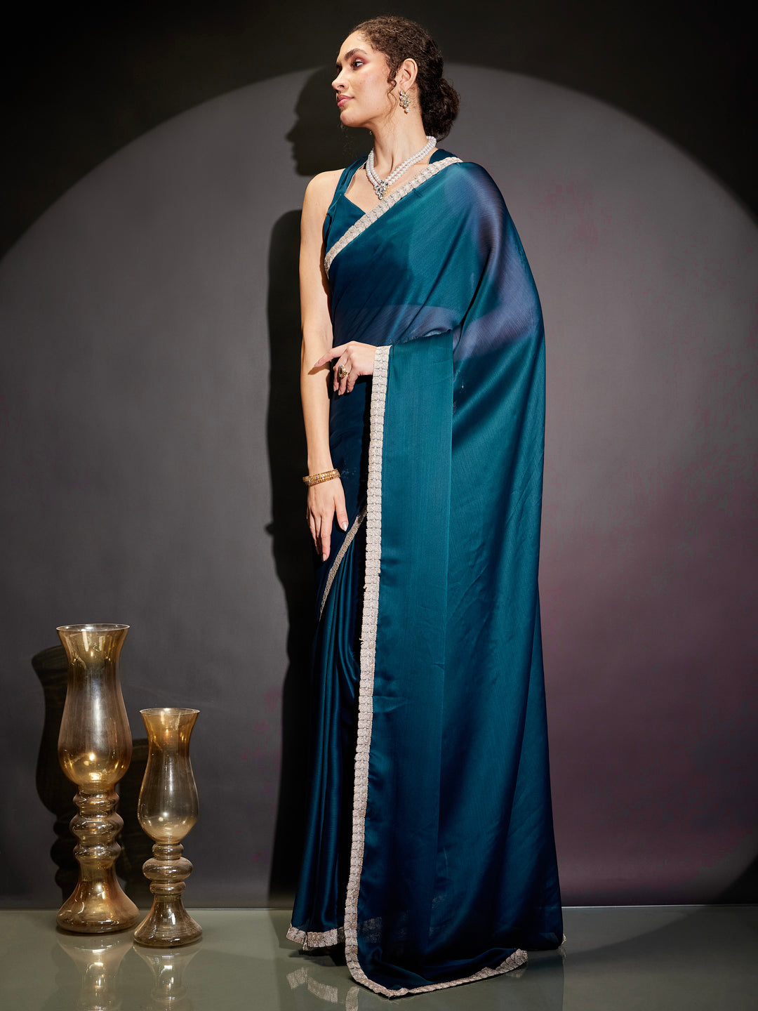 Ninnique Women's Teal Blue Silk Blend Ready To Wear Embellished Saree with Unstitched Blouse