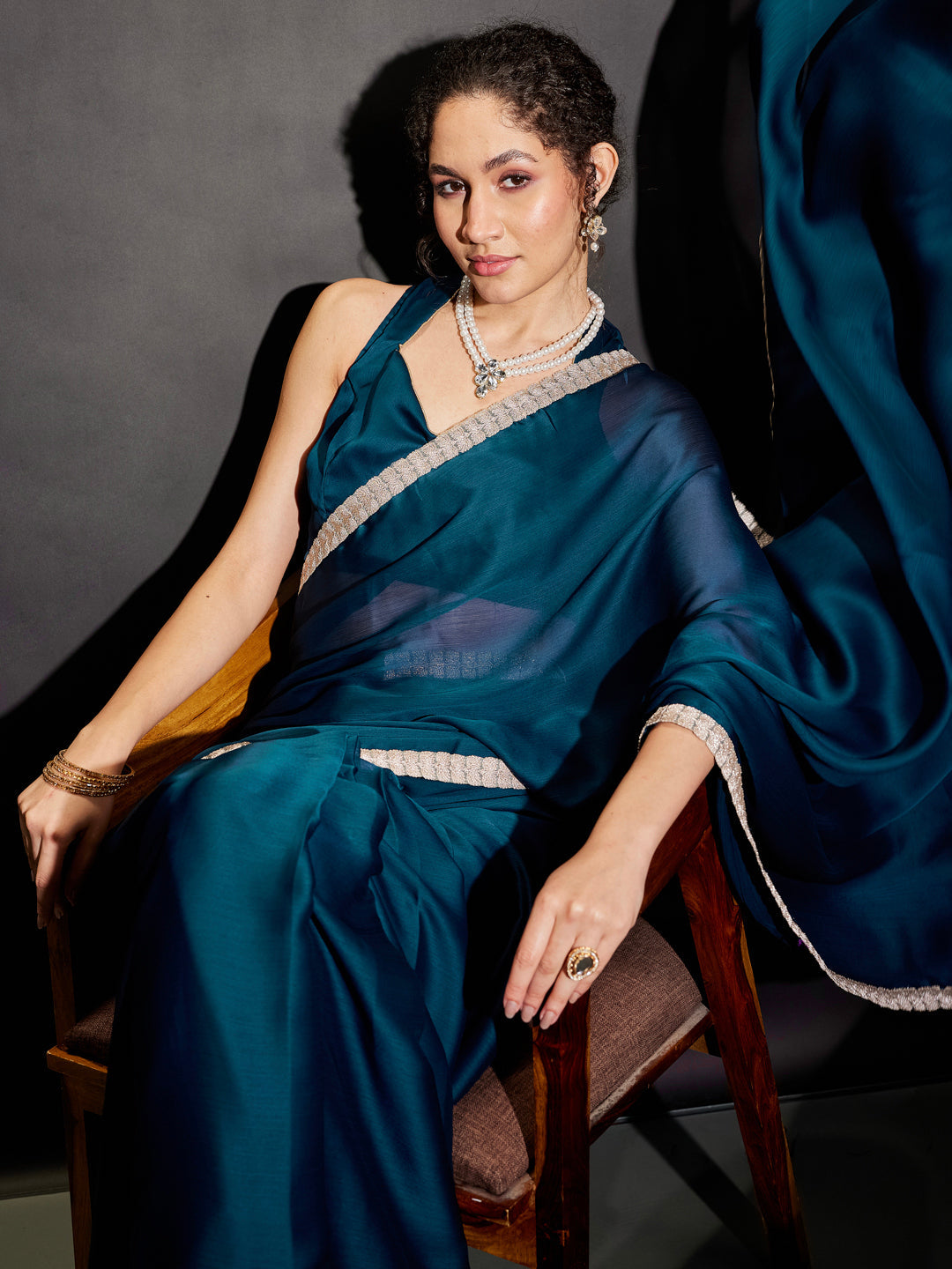 Ninnique Women's Teal Blue Silk Blend Ready To Wear Embellished Saree with Unstitched Blouse
